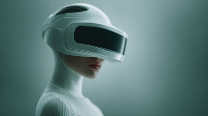 A futuristic woman in a sleek, white VR headset looks forward with serene composure. The image highlights technological advancement.