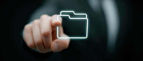 A digital touch interface showcases a futuristic concept of data management. a glowing folder icon, a person's finger is poised to interact with a digital representation of a folder.