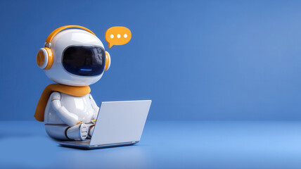 A futuristic robot working on a laptop, communicating via a speech bubble