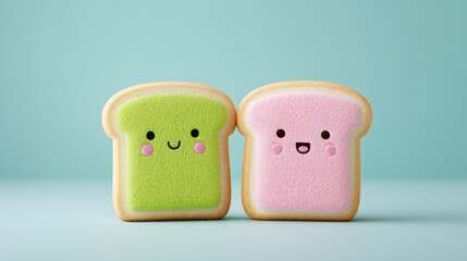 A cute, illustrative depiction of two slices of bread with vibrant, colorful spreads, each with a delightful smile, conveying warmth and happiness. 
