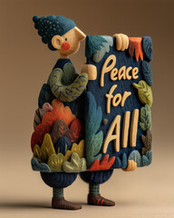Colorful character holding "Peace for All" sign in artistic style  