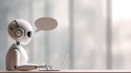 An intelligent AI robot interacts on a laptop with a speech bubble in a techy environment