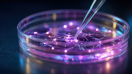 A pipette dispensing a liquid solution into a petri dish, creating a captivating scene of science and research