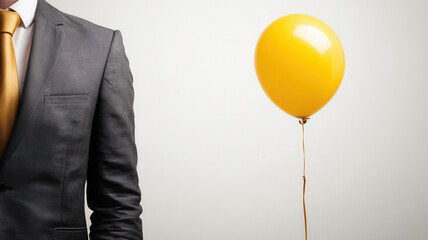 A man in a suit and a yellow balloon: A man in a sharp suit stands next to a vibrant yellow balloon, creating a visually striking image.