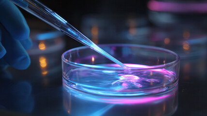 A close-up shot of scientific research, with a hand wearing gloves carefully using a pipette to analyze a petri dish