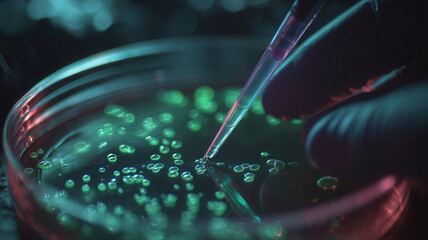 A close-up image of a petri dish being examined with a pipette, focusing on scientific research and experimentation. This image showcases the meticulous process of microbiology