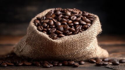 A close-up shot of a burlap sack brimming with aromatic roasted coffee beans, capturing the rich textures and inviting essence of a coffee bean.