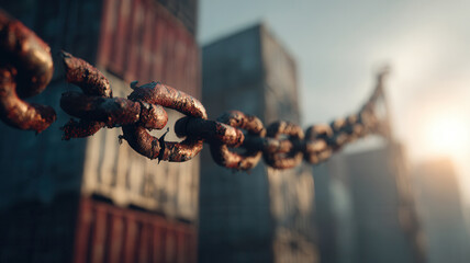 An aged rusty chain extending in front of an urban setting. The rusty chain is in focus with the blurry background composed of commercial container boxes and buildings in daylight