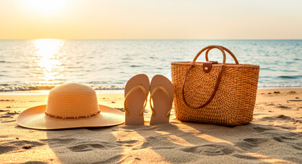 Beach essentials (hat, flip-flops, bag) on sandy shore at sunset. Summer relaxation and resort holidays.