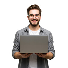 A well-groomed young man with glasses and a laptop stands against a transparent background, radiating confidence and friendliness(PNG).