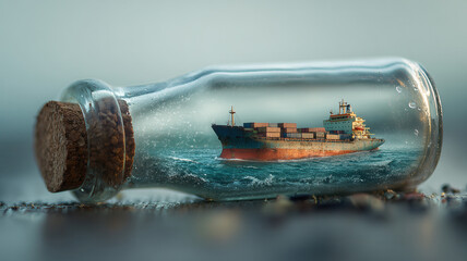 Miniature cargo ship floats inside a glass bottle, symbolic of confinement, imagination, or preservation