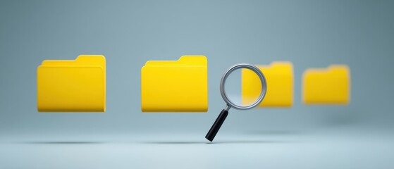 Magnifying glass, a symbol of the process of document search, hovers over a set of yellow folders, emphasizing the importance of information access and exploration.