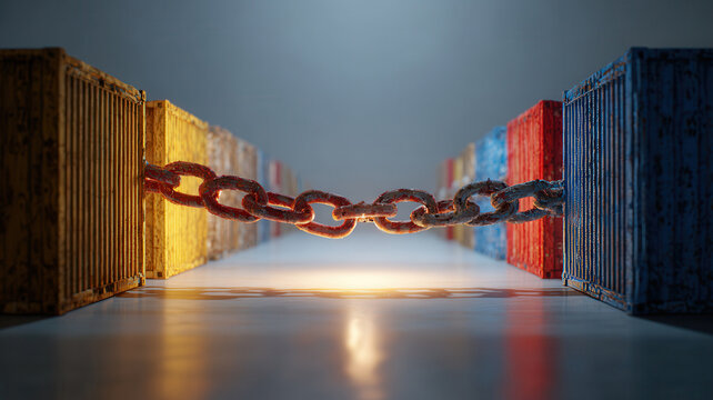 Concept of interconnectedness and linkage between different objects and structures in a unique environment. The photograph features a symbolic chain connected between multiple blocks.