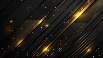 A sleek black and gold abstract background with geometric patterns and sparkling elements.