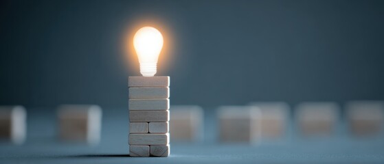 Illuminating brilliance of new ideas, represented by a light bulb perched atop a meticulously stacked tower of wooden blocks. The image speaks to innovation, vision.