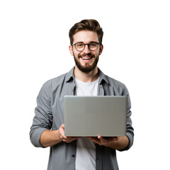 A well-groomed young man with glasses and a laptop stands against a transparent background, radiating confidence and friendliness(PNG).
