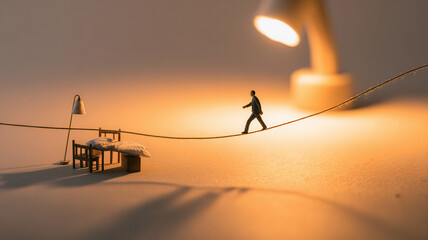 A miniature figure walks a tightrope, illuminated by a desk lamp and set against a soft background