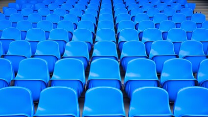 Fototapeta premium an arranged set of empty blue plastic seats in a stadium or arena, creating a symmetrical and orderly pattern