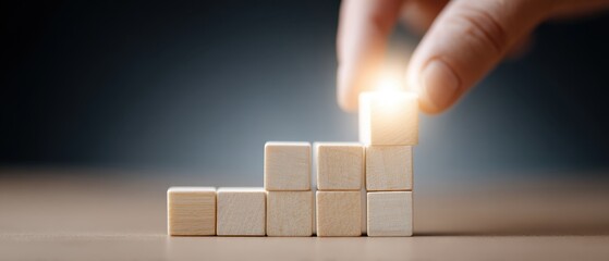 A hand meticulously places the final wooden block atop a rising staircase of cubes, symbolizing growth and progress with strategic decision-making and ambition.