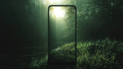 The phone frame captures a stunning natural scenery of forest with its vibrant ecosystem. The natural light pierces through the trees