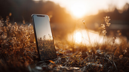 The phone frame captures a stunning natural scenery of forest with its vibrant ecosystem. The natural light pierces through the trees