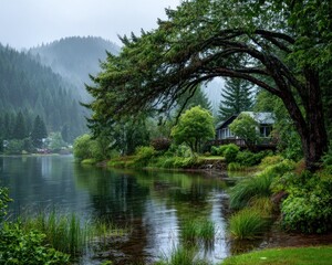 Obraz premium Misty lake scene with a house