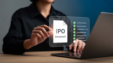 Professional reviewing IPO document checklist on futuristic interface, symbolizing financial success and investment planning.