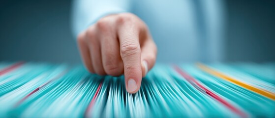A hand delicately traces over a sea of files, symbolizing organization, data, and precision. The scene evokes a sense of order, attention to detail, and the careful management of information.