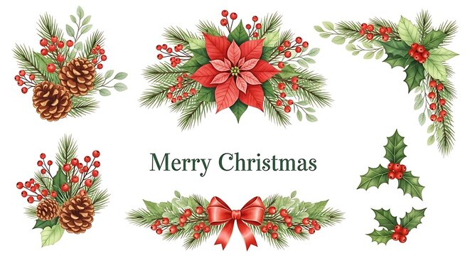 Beautiful watercolor christmas decorations with pine branches, holly berries, pinecones, and a merry christmas message
