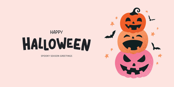 Festive Halloween banner design featuring a cute tower of textured jack-o'-lanterns and bats, for party invitations or social media posts, vector illustration.