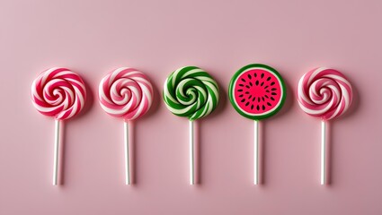 an image of five lollipops arranged in a row on a soft pink background 