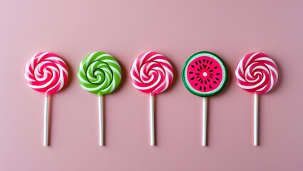 an image of five lollipops arranged in a row on a soft pink background 