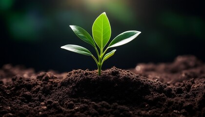 Fototapeta premium a single green plant emerges from dark soil representing growth and life