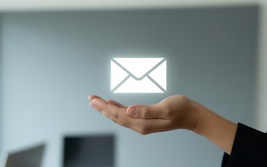 Hand presenting a glowing email icon against a muted office background message communication