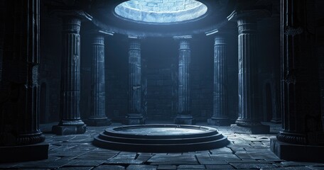 A dark, ancient chamber with stone pillars and a circular skylight illuminating the center.