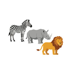Illustration of a zebra, rhinoceros, and lion standing side-by-side against a white background.