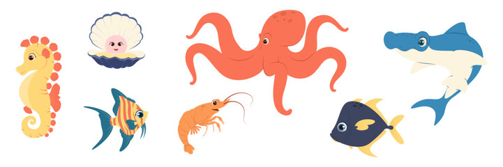 Cute set of sea creatures: octopus, seahorse, shrimp, fish, shark, and clam with pearl. Perfect for children’s designs, books, and educational materials.