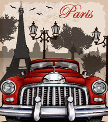 Retro Paris travel poster with Eiffel Tower, street lamps, and vintage red car in nostalgic postcard style illustration