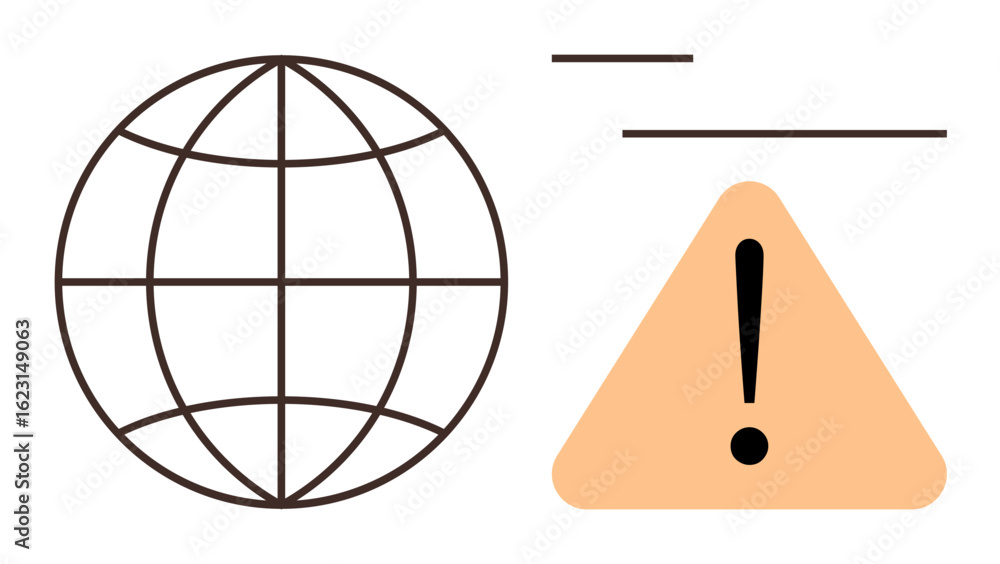 Poster earth grid symbol beside a warning triangle with exclamation mark emphasizing global risk or hazard.