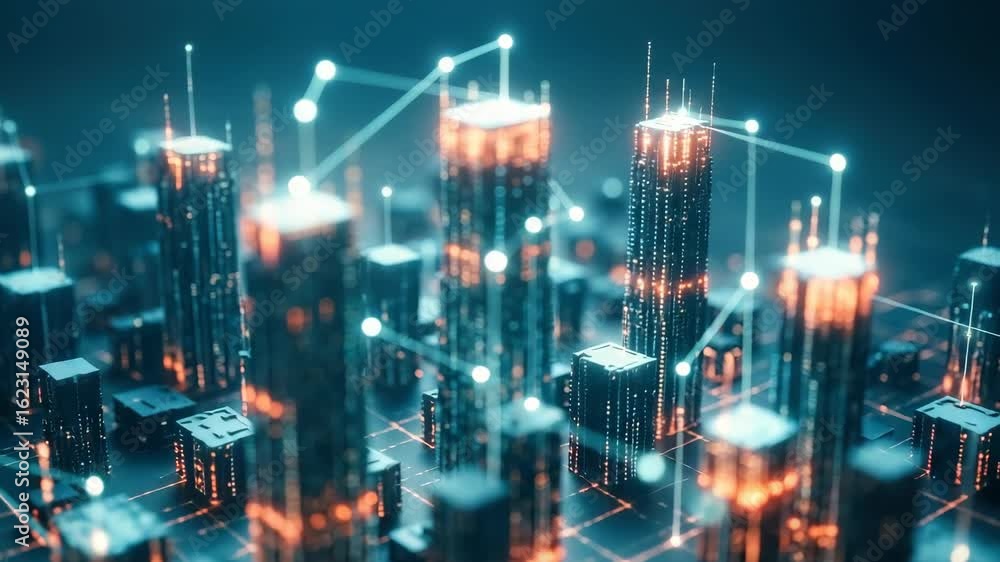 Poster a futuristic cityscape illuminated by glowing skyscrapers and interconnected networks showcasing adv