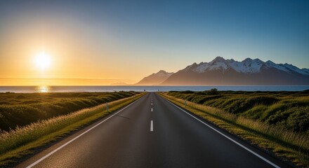 Fototapeta premium Open Road to the Horizon: A vast expanse of asphalt stretches towards the horizon, framed by lush fields and a breathtaking mountain range under a vibrant sunrise. Evoking freedom and journey. 