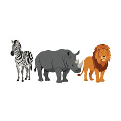 Cartoon illustration of a zebra, rhinoceros, and lion in a horizontal row.