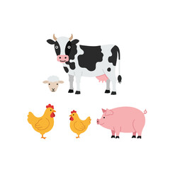 Cartoon farm animals, including cow, sheep, chicken, and pig, arranged on a white background.