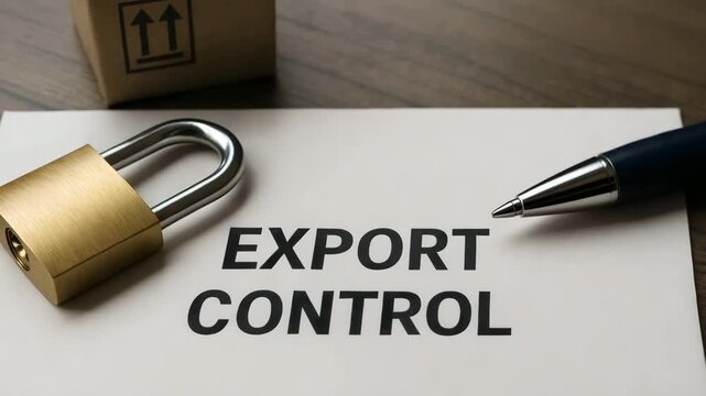 The concept of export control is presented through a document, padlock, pen, and packaging box.