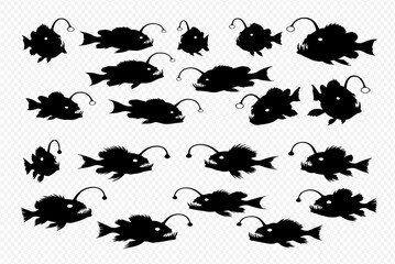 A collection of black anglerfish silhouettes in various poses, each featuring a distinctive bioluminescent lure.