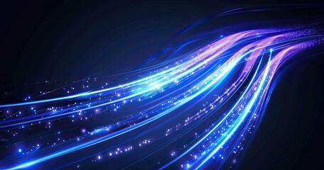 Abstract digital illustration of flowing blue and purple light trails against a dark background.