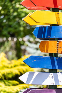 Close-up of weathered multi coloured blank Wooden directional signs in a forest
