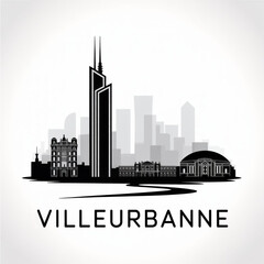 Naklejka premium Villeurbanne Skyline Silhouette - Art Deco French City Vector Illustration in Black and White