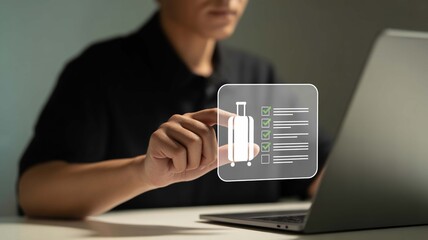 Person interacting with a digital checklist for travel planning, featuring a suitcase icon and completed tasks, symbolizing organized journeys and efficient preparation.