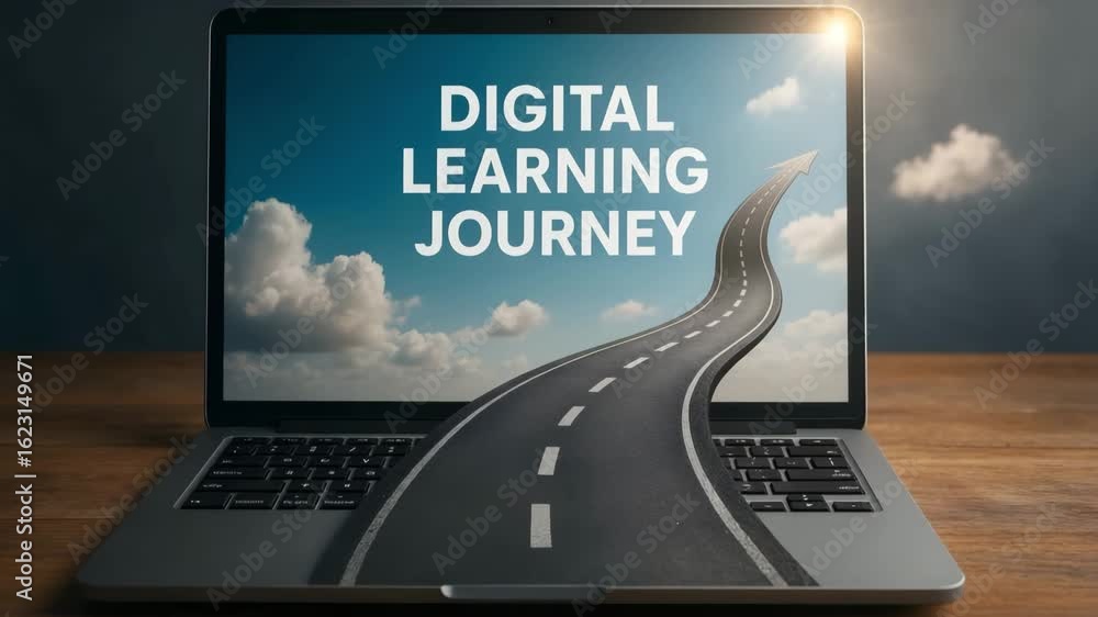 Poster a laptop with the text digital learning journey on the screen with a road.
